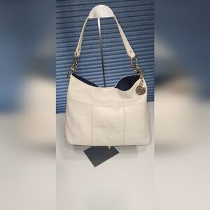 Tommy Hilfiger Cream Leather Shoulder Bag with Gold-Tone Accents